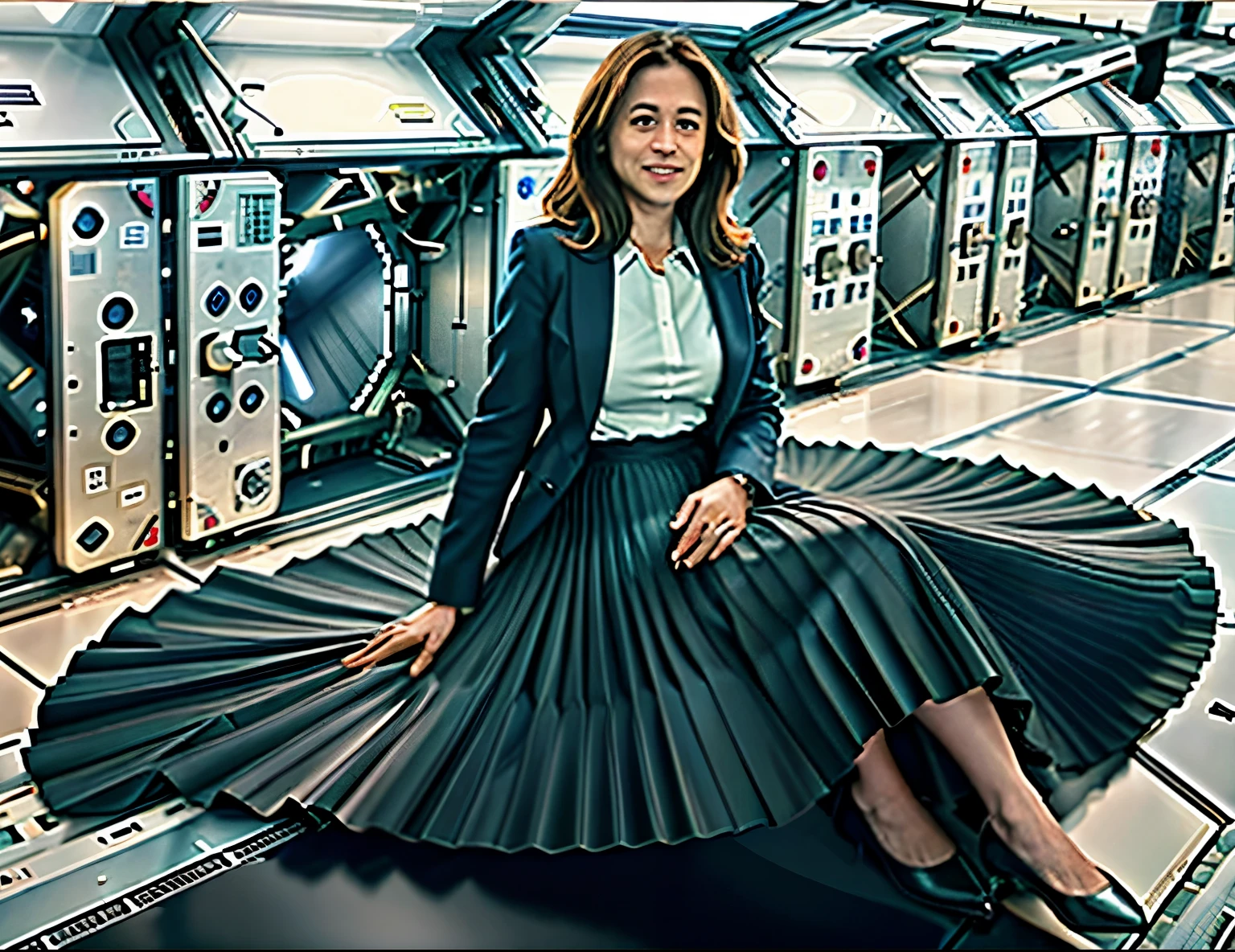 85mm photograph of a Shy, Compassionate, kind, empathic, happy, long haired, beautiful and attractive woman, Sapphic Space Lesbian Kamala Harris is fixing spaceships, lifting skirts, exploring space, investigating anomalies, doing scientific R&D, attending council meetings, conducting espionage, conducting archeological excavations, investigating astral rifts, wearing her (long pleated full circle skirt), uniform jacket and (woman's low heel office shoes), (pronounced (feminine) features), (very windy), skirt is flowing wildly in the wind, lesbian space station, sci-fi, skirts in space, loves women wearing skirts, wants to kiss girls, adores skirts, women wearing skirts, empathy, compassion, romance and love, (pronounced (girly) features), (highly detailed ultra accurate realistic) hands and fingers, (windy), epic composition, highly detailed attributes, (35mm f1.4 Kodak portra 400 photograph), extremely high quality RAW photograph, highly detailed atmosphere, sci-fi, cinematic shot, dynamic lighting, 75mm, Technicolor, Panavision, cinemascope, sharp focus, fine details, 8k, HDR, realism, realistic, key visual, film still, superb cinematic color grading, depth of field