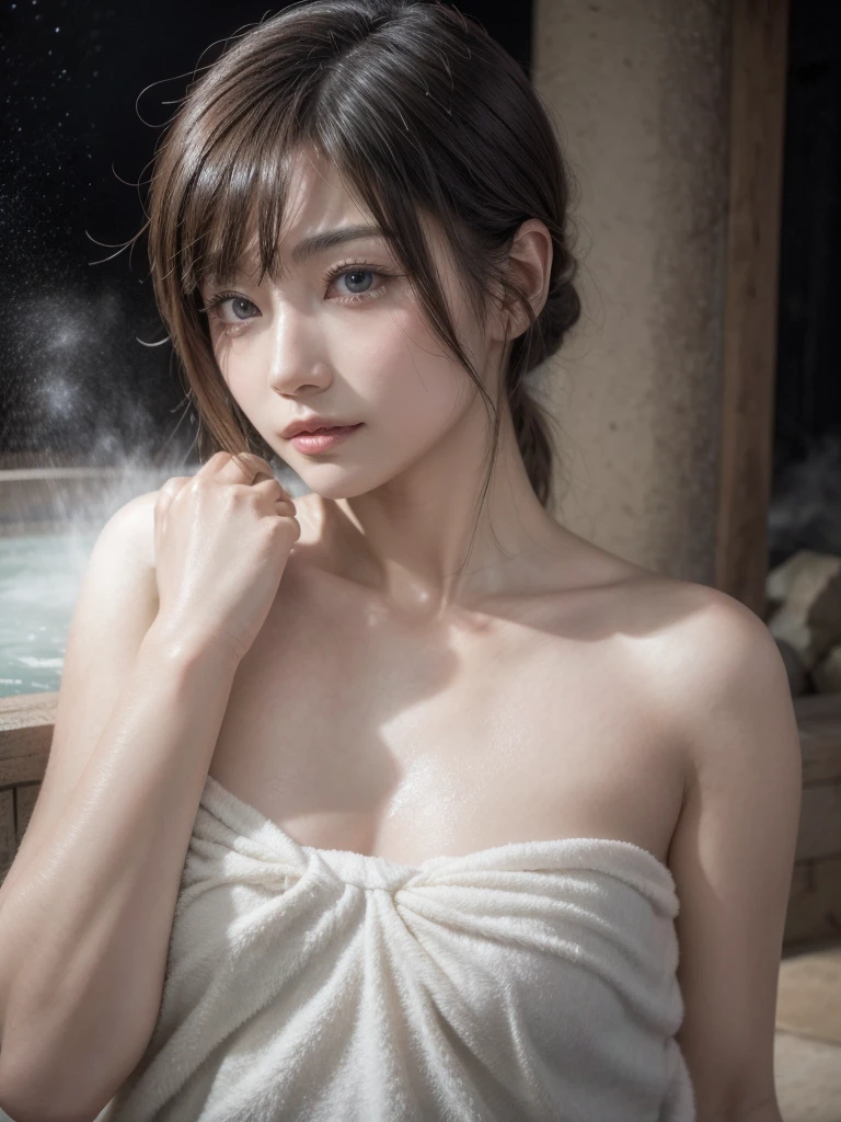 masterpiece、Highest quality、in 8K、(Photorealistic: 1.4)、(Depth of written boundary:1.2)、Ultra-detailed、High resolution、In detail、solo、(1 Female:1.2)、(Realistic Skin:1.2)、Beautiful woman、Perfect figure、Highly detailed eyes and face、Very detailed and beautiful eyes、Laughter:1.3、(Cover yourself with a large, thin white towel、Strapless:1.2)、(Geyser, hot spring:1.2)、(hot springに腰まで浸かっている:1.3),Nighttime hot springs,Starry Sky,
