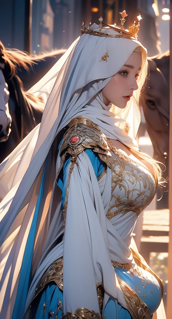 Erect nipples, wearing a hijab , luxury hijab,crown luxury , blue eye, blond hair, around , (gold ), tmasterpiece,Best quality at best,A high resolution,8K,((Portrait)),(upper body),Original photo,real photograph,digital photography,(Female princess in the medieval fantasy style), sexy princess ,blue eye, super colossal breast, round colossal breast ,open kissing lips,Keep your mouth shuegant and charming,((Blushing)),virgin contempt,Calm and handsome,(Medieval fantasy dress,The Beautiful super huge round breast, small waist, perfect colossal breast of princess body, a blue delicate pattern,silver Cloak),(princes medieval character medieval fantasy style,oc render reflection texture, fighting style, sexy colossal breast , medieval castle background, slim body, very small waist,