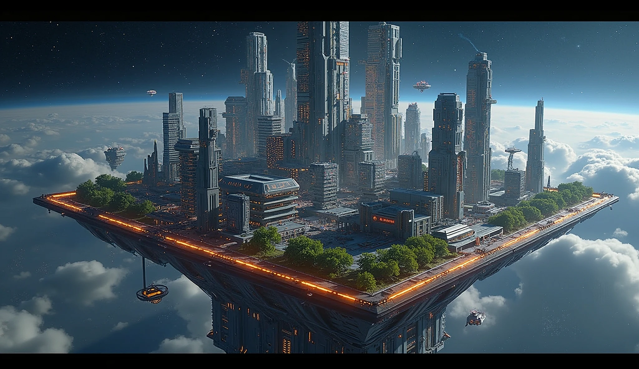 big futuristic scifi city on space ((cube station)), above on the black space, yellow futuristic city, hologram, LED lighting on scifi arc building, green plant on building of city, 8K, full HD, 3d render, Unreal Engine, Octance Render