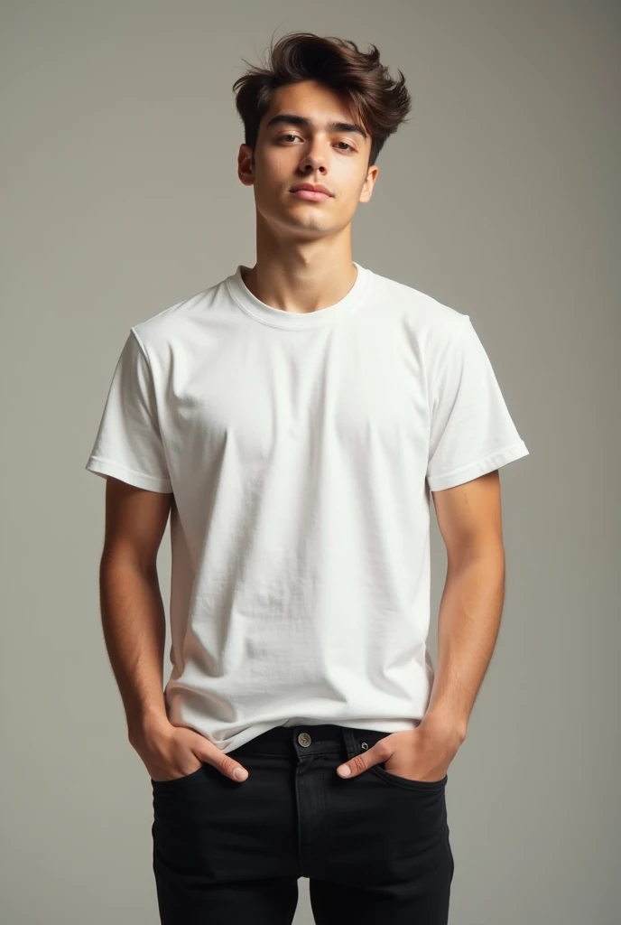 Male Teen in white t-shirt tucked in black pants 