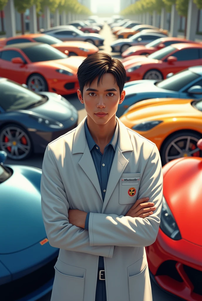 man,Pharmacist,Tanned skin,There are 10 sports cars.,black short hair,Thai person