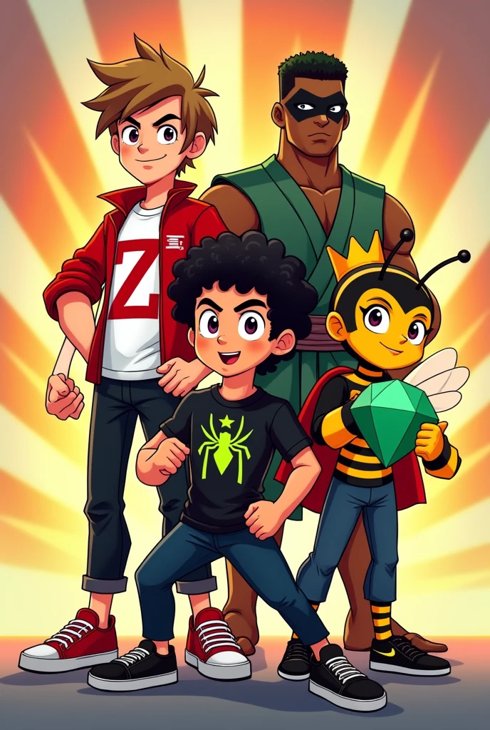 4 man, :1.4, handsome, smiling, short quaffed hair, facial hair, ahoge, half buttonhirt Draw four cartoon-style characters with dynamic, heroic poses. Each character should be outlined with thick, defined lines, using vibrant, saturated colors for a clean, crisp look:Character 1: A young hero with light brown hair in an expected style. He wears an open red jacket, white t-shirt with a red 'Z' in the center, black pants and red sneakers. He has his fists clenched, in a confident pose, ready for action. Character 2: A dark-skinned warrior with dark green curly hair. He wears a green kimono with a tied brown belt, white bands on his forearms and legs. He is in a fighting pose, with a serious expression, showing his determination.Character 3: A modern hero with black, curly hair. He wears a black mask with neon green details, a black t-shirt with a bright green spider symbol, and dark jeans with black and green sneakers. He is crouched in an attack pose, with his fists ready for action. Character 4: A humanoid bee racter with a yellow face and mischievous expressions. He wears a crown with an emerald, a red cape, and his body is yellow with black stripes. He holds a large green diamond in one hand while displaying a confident smile. Make sure all the characters are together in a group, displaying their unique personalities with a vibrant and dynamic energy