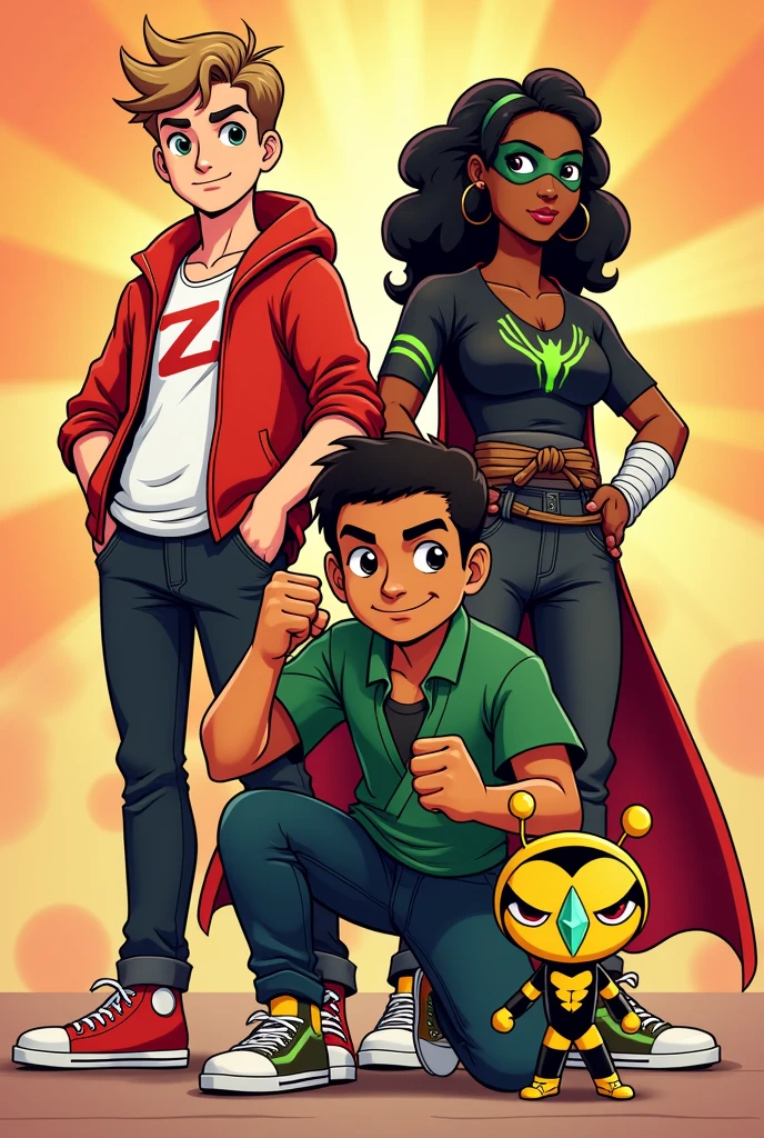4 man, mature:1.4, handsome, smiling, short quaffed hair, facial hair, ahoge, half buttoned shirt Draw four cartoon-style characters with dynamic, heroic poses. Each character should be outlined with thick, defined lines, using vibrant, saturated colors for a clean, crisp look:Character 1: A young hero with light brown hair in an expected style. He wears an open red jacket, white t-shirt with a red 'Z' in the center, black pants and red sneakers. He has his fists clenched, in a confident pose, ready for action. Character 2: A dark-skinned warrior with dark green curly hair. He wears a green kimono with a tied brown belt, white bands on his forearms and legs. He is in a fighting pose, with a serious expression, showing his determination.Character 3: A modern hero with black, curly hair. He wears a black mask with neon green details, a black t-shirt with a bright green spider symbol, and dark jeans with black and green sneakers. He is crouched in an attack pose, with his fists ready for action. Character 4: A humanoid bee character with a yellow face and mischievous expressions. He wears a crown with an emerald, a red cape, and his body is yellow with black stripes. He holds a large green diamond in one hand while displaying a confident smile. Make sure all the characters are together in a group, displaying their unique personalities with a vibrant and dynamic energy