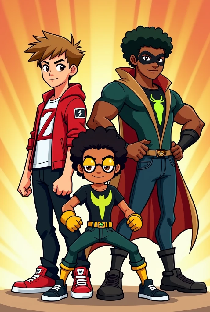 4 man, mature:1.4, handsome, smiling, short quaffed hair, facial hair, ahoge, half buttoned shirt Draw four cartoon-style characters with dynamic, heroic poses. Each character should be outlined with thick, defined lines, using vibrant, saturated colors for a clean, crisp look:Character 1: A young hero with light brown hair in an expected style. He wears an open red jacket, white t-shirt with a red 'Z' in the center, black pants and red sneakers. He has his fists clenched, in a confident pose, ready for action. Character 2: A dark-skinned warrior with dark green curly hair. He wears a green kimono with a tied brown belt, white bands on his forearms and legs. He is in a fighting pose, with a serious expression, showing his determination.Character 3: A modern hero with black, curly hair. He wears a black mask with neon green details, a black t-shirt with a bright green spider symbol, and dark jeans with black and green sneakers. He is crouched in an attack pose, with his fists ready for action. Character 4: A humanoid bee character with a yellow face and mischievous expressions. He wears a crown with an emerald, a red cape, and his body is yellow with black stripes. He holds a large green diamond in one hand while displaying a confident smile. Make sure all the characters are together in a group, displaying their unique personalities with a vibrant and dynamic energy