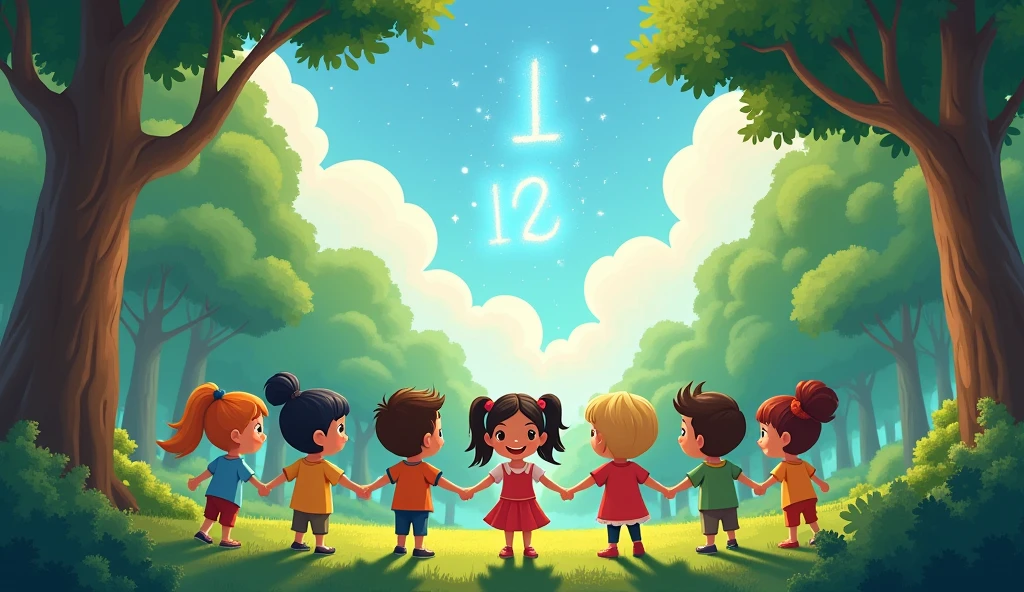 As they finish counting to ten, the cartoon teacher and kids gathers everyone in a circle, and they all hold hands. The scene transitions to an overhead shot, showing the group standing in a circle with the forest’s beauty all around them.
Visuals: The camera slowly pans up to the sky, where the clouds form the numbers 1 through 10, sparkling and shimmering with magic.