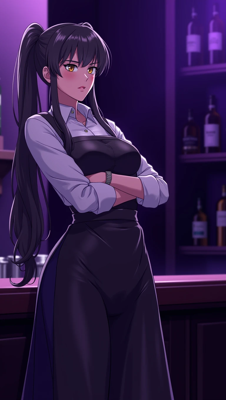 Mature woman, black hair, pigtails, barmaid outfit, looking afar, stern expression, in bar, low lighting, ambient purple lighting, anime style, masterpiece