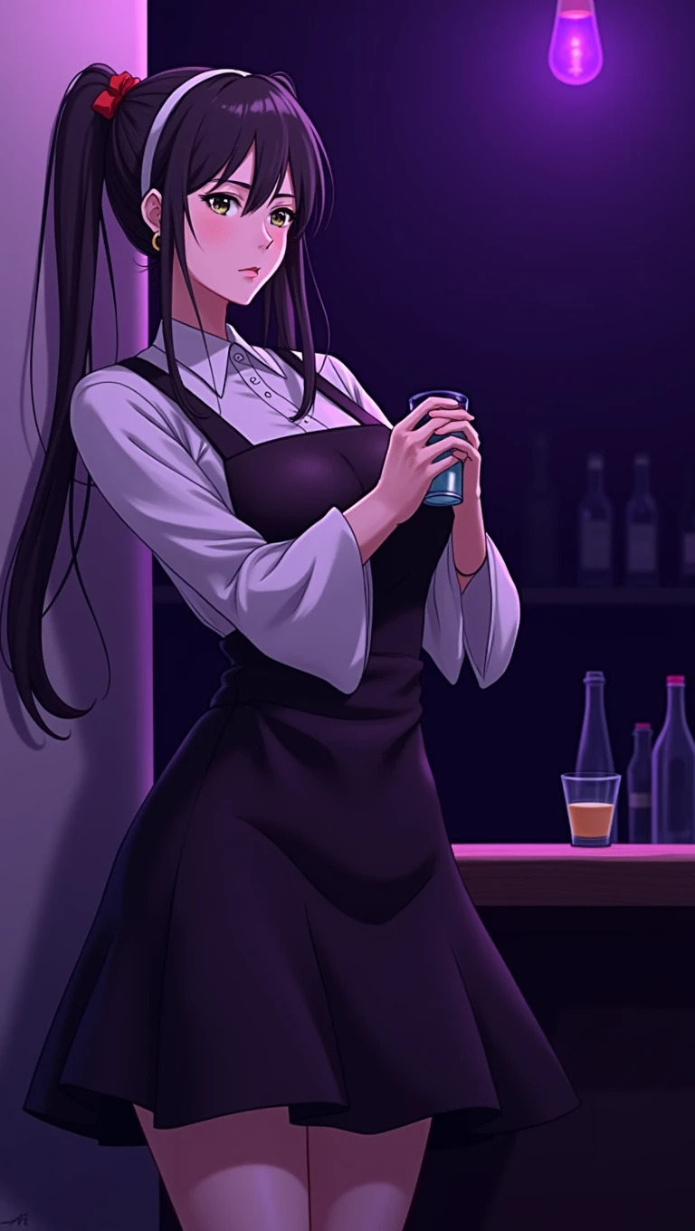 Mature woman, black hair, pigtails, barmaid outfit, looking afar, stern expression, in bar, low lighting, ambient purple lighting, anime style, masterpiece