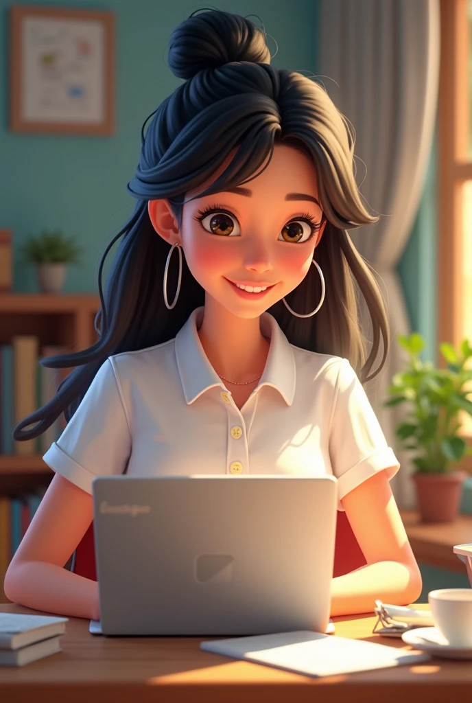 Disney girl wearing a white polo shirt, sitting with her computer( complete laptop) studying languages virtually