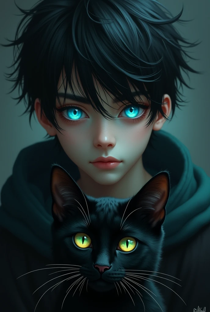 A black-haired age boy with one blue eye and one green eye with a black cat with one blue eye and one green eye