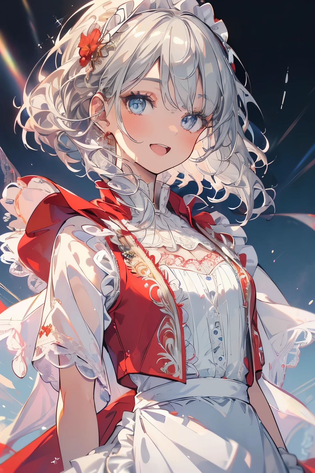 (Best quality,4K,8K,High resolution,Masterpiece:1.2),Super detailed,(Actual, Realistic),highly detailed, top quality, soft skin,Portrait,
break,
((clear blue eyes:1.2)),very kind eyes,eyes wide open,beautiful eyelashes,beautiful lower eyelashes,
break,
((Beautiful and shiny silver hair:1.3)),A dazzling smile, a bursting smile, an open mouth laugh,
break,
very happily,
break,
((White blouse and red vest, long red skirt and short vest, cape shawl, and apron with embroidery and lace decorations:1.3)),
break,
very happily,((Skip:1.3)),((sunny grassland:1.3)),((bust shot)),zoom in,spread both arms