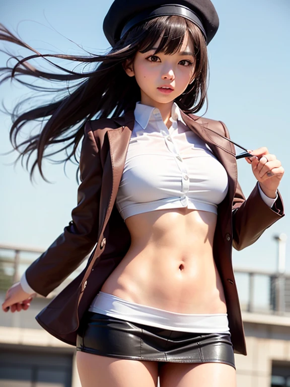 1 japanese girl, solo, short girl, black long hair, breasts, bangs, looking at viewer, long sleeves, Brown newsboy cap, navel, holding, large breasts,collarbone, Brown jacket, (white collared shirt:1.4), sidelocks, thighs, cowboy shot, parted lips,midriff, stomach, Brown jacket, crop top, groin, no bra, no panties, ass visible through thighs, thigh gap, (black micromini skirt:1.5), unbuttoned, cutoffs, (Hip bone:1.4), Pleated skirt, knees up, (extremely low-rise micro mini skirt which is so short that her pubis is visible:1.4 ), fighting, dynamic pose, dynamic angle, The front of the shirt is open,The shirt is wide open, The shirt is unbuttoned, The cleavage is visible all the way down to the bottom, childlike young woman, baby face, Black ribbon choker, (pubis exposed:1.4), groin area, Hip bones, , (extremely low-rise micro mini skirt which is so short that her groin area is visible:1.4 ), (The skirt is blown up by the wind:1.4), shy, pussy, woman, hyper detailed, outside, Fantasy style cityscape, cute, kawaii,, panicking, surprised, confused, confused eyes,,(no panties:1.1), (pantyless:1.1)