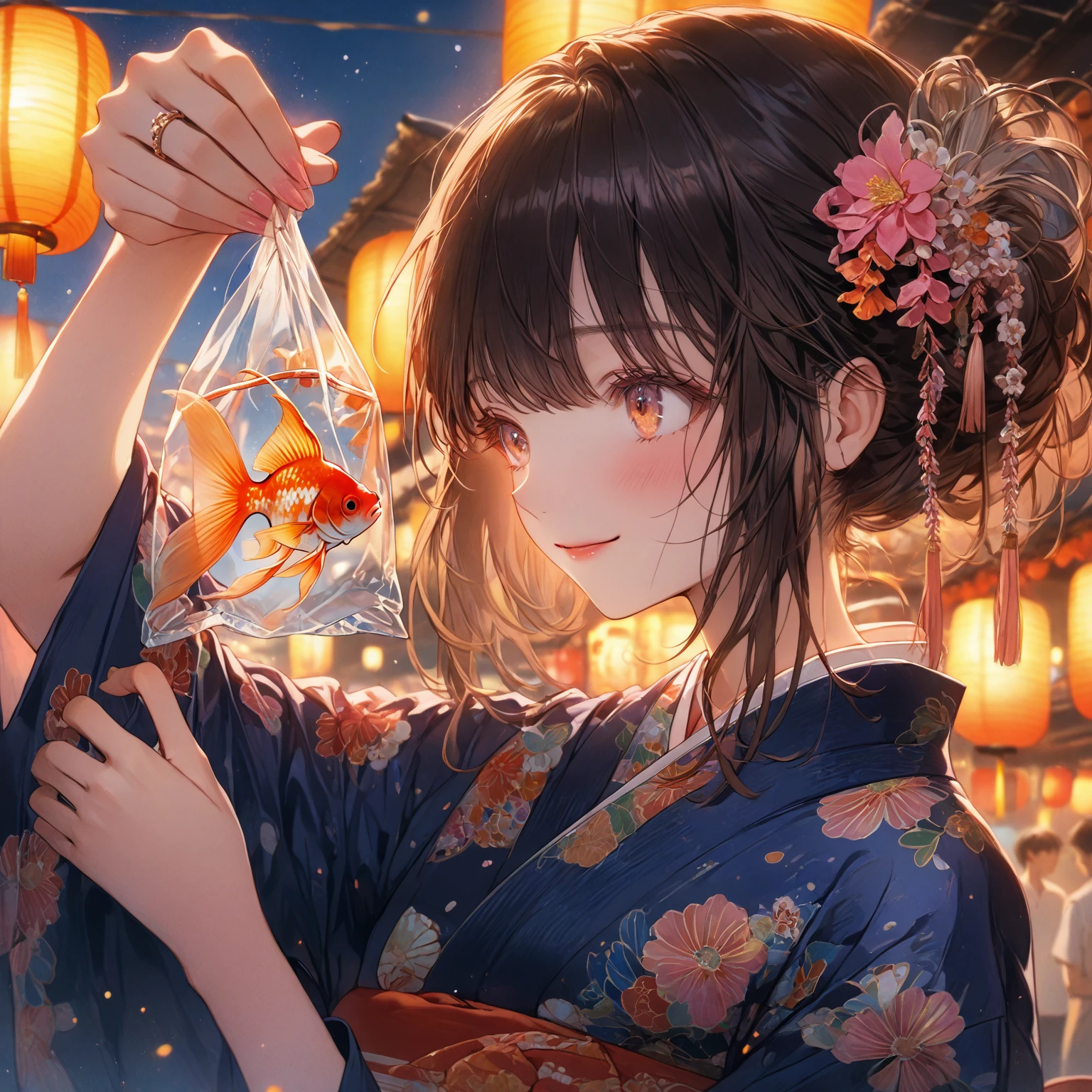 score_9_up, score_9, score_8_up, score_7_up, source_anime,masterpiece, best quality, high resolution, extremely detailed CG, absurdres, highres,On the evening of the summer festival, 1girl, solo, a girl in a yukata holds a goldfish in a small transparent plastic bag. The girl lifts the bag in front of her eyes and looks at the goldfish with a gentle smile, good_hands, Long eyelashes, detailed beautiful eyes, looking away, (from_side:0.6)