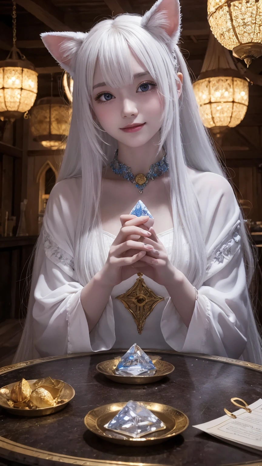 (masterpiece, Highest quality, Highest quality, Official Art, beautifully、aesthetic: 1.2), (one person's: 1.3), Wavy long hair, Gray Hair, Cat ears on the head,Highly detailed portrait, Extremely elaborate hands, Looking at the audience, alone, (whole body: 0.6), detailed background, close, Shining Eyes, (Cold arctic winter theme: 1.1), fortune teller, Charlatan, Grin, mysterious, Sitting at the table, カラフルな肩のないゆるいジプシーfortune tellerの服, holy grail, Tarot Cards, Crystal Jade, Medieval (Inner tent: 1.1) background, tent curtain on background, background壮大dark mysterious lighting, Shadow, Magical atmosphere, Starry Night, Dutch Angle, Healing and guidance, Transcendental beauty, Fractal Art, Seaweed,