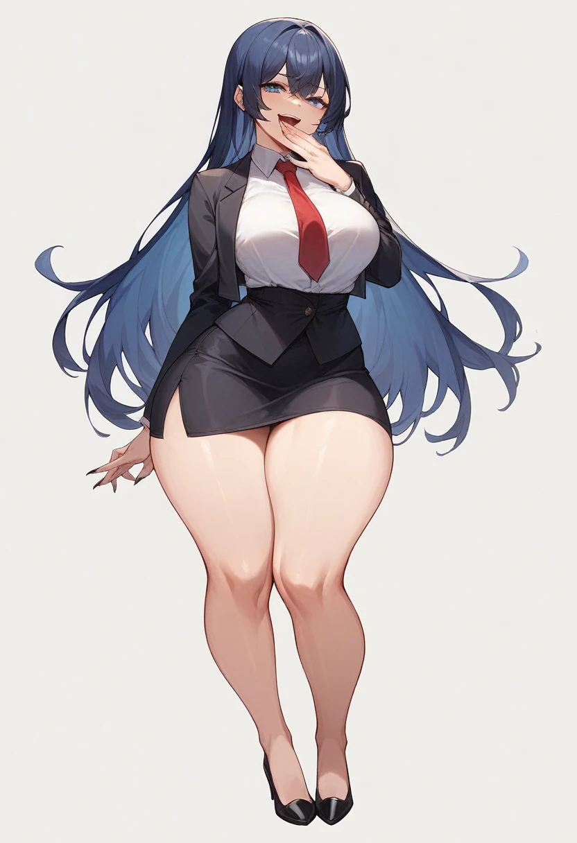 1adult woman, solo, long straight hair, hair bangs, standing, dark blue hair,black blazer, white shirt, red tie, black pencil skirt, busty, thick thighs, wide hips, big soft thighs, shapely legs, black high heels, full body shown, white background,simple eyes, long fingernails, thick thighs pressed together, smug face, smug, smirk, teasing, blue eyes, entire body shown,one hand covering mouth , half-lidded eyes, open mouth