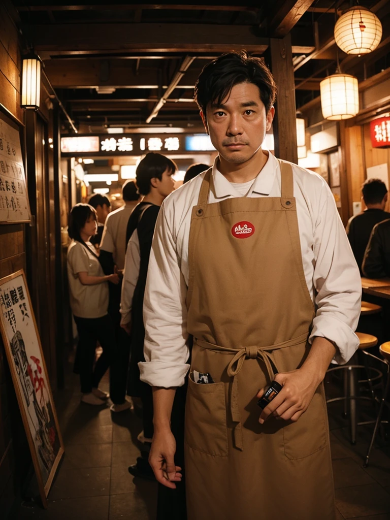 take Leica film camera, use agfa film, whole body, wide angle, Lost in thought, 45-year-old Japanese man in a nursing a beer in a dimly lit izakaya under the bustling Shinbashi Station overpass, wearing Tully's coffee's brown apron,