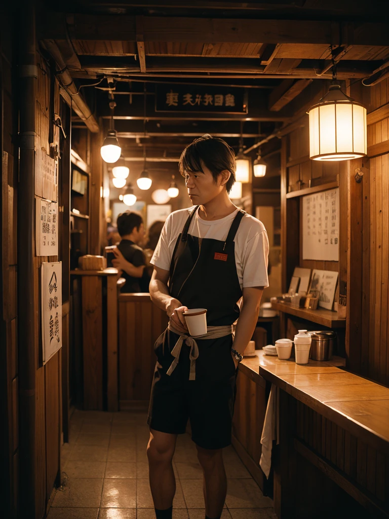  take Leica film camera, use agfa film, whole body, wide angle, Lost in thought, 45-year-old Japanese man in a  nursing a beer in a dimly lit izakaya under the bustling Shinbashi Station overpass, wearing Tully's coffee's brown apron, 