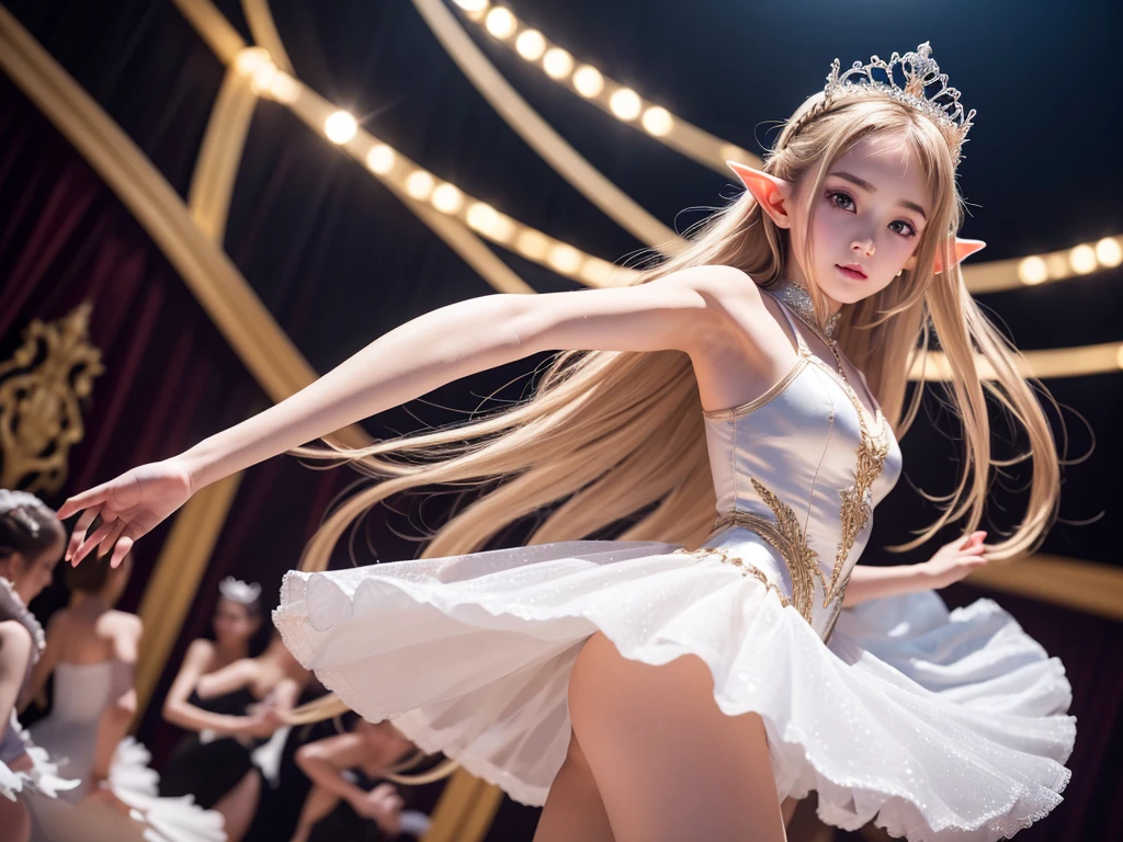 High resolution、High level image quality、16K、real live action、Raw photo、highest quality、masterpiece、23 year old elf girl、ballerina、unparalleled beauty、leotard、Wearing a tiara on your head、young face、(((beautiful girl)))、Dancing on stage、Swan Lake、long pointed ears