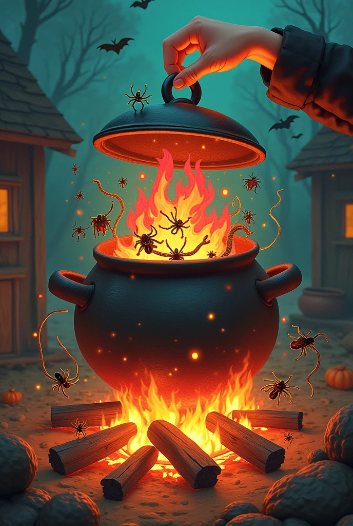 Cartoon of a pot on the fire where a hand is lifting the lid and rats emerge, Snakes, Spiders, bats and many more insects.