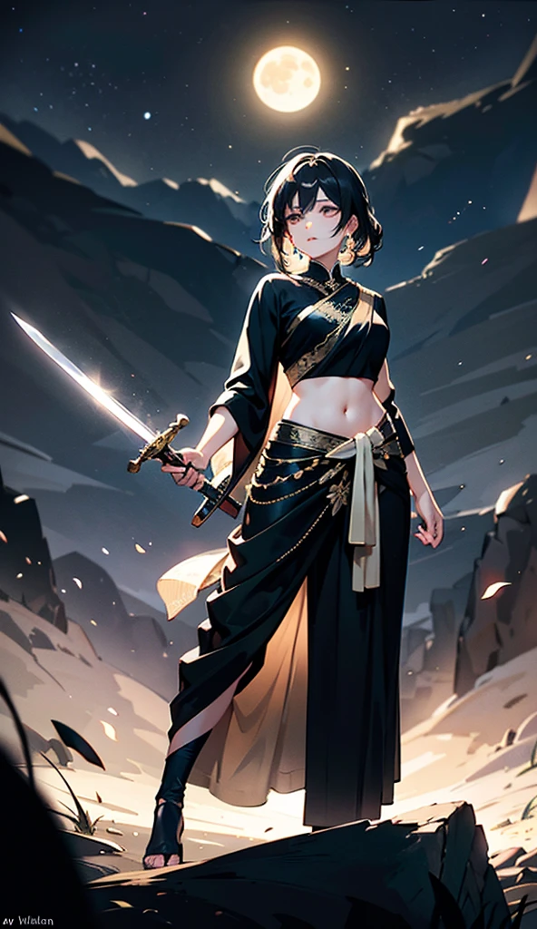 "Create an image of a lady wearing a flowing black saree, holding a sword with a poised and confident stance. The scene is set under a moonlit night sky, with the moon casting a soft glow and creating dramatic shadows. The background features subtle hints of a serene night landscape, enhancing the ethereal and powerful atmosphere of the scene."