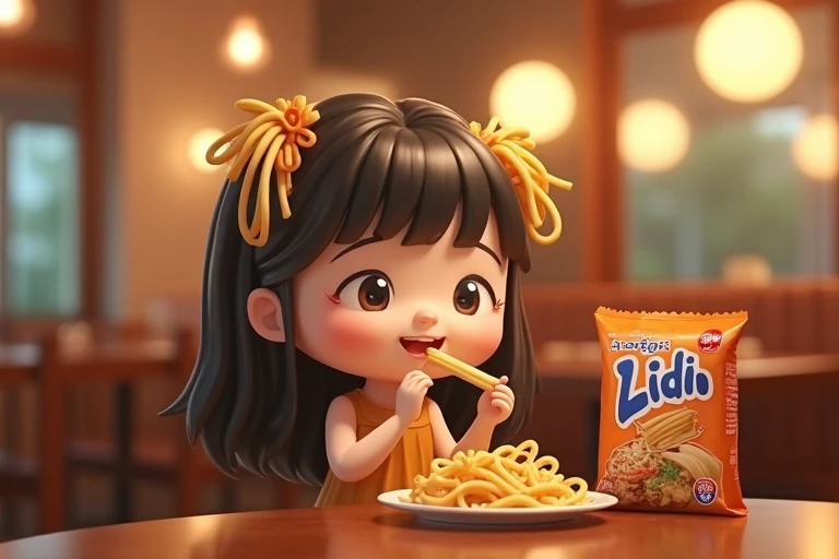 8k, Bokeh photo, Fujifilm, style photo of a   Product as stick noodles, who called "Lidi Yoi"  in a friendly restaurant (highly detailed skin: 1.2) have cute face, have noodles stick hair, the colour of noodles stick's hair is yellow, wearing a dress from the hot noodles stick packages, and she is eating stick noodles Snack right now, and add text in stick noodles packages with "Lidi Yoi" in Indonesia language, film granulation, 35mm, cute style