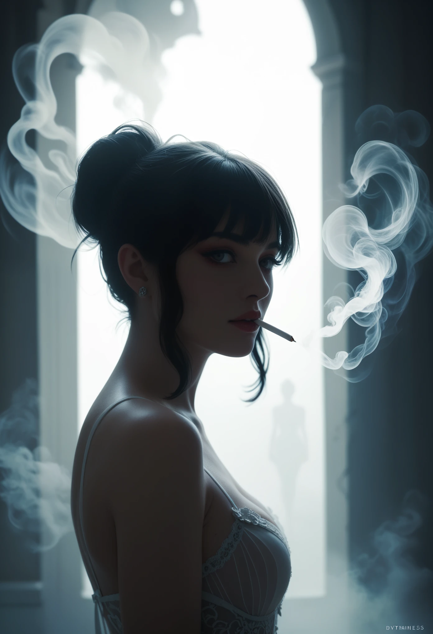 Made entirely of light and shadow，No physical form。The shape of the woman was created by varying the lightness and darkness of the smoke，There is an illusory and mysterious beauty。