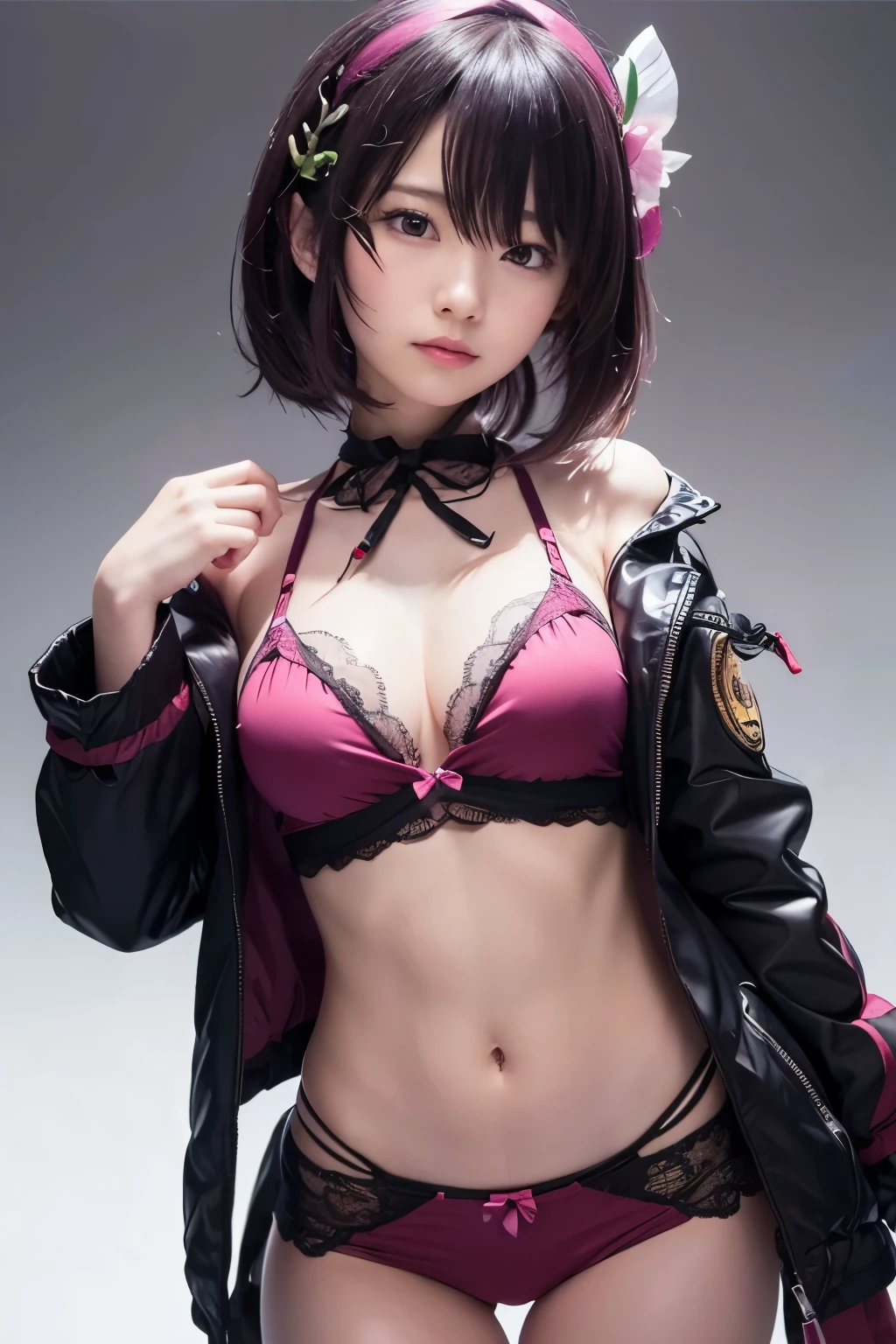 Anime girl in a pink bikini and black jacket posing, seductive anime girl, from Girls' Frontline, Exquisite details. Girls' Frontline, Guvez, Very detailed ArtGerm, Anime cute art style, Guvez on pixiv artstation, Ayaka Genshin impact, Guvez on artstation pixiv, Satiya from the Overlord