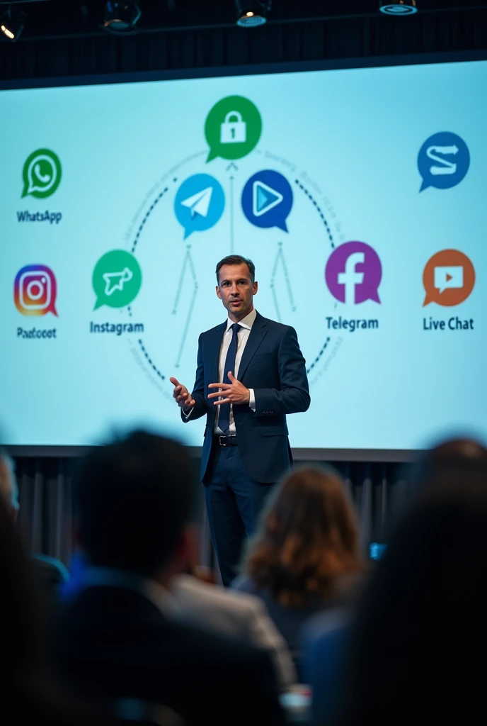An executive explaining omnichannel, put the following information on the image:
WhatsApp
Instagram
Facebook
Telegram
Live Chat