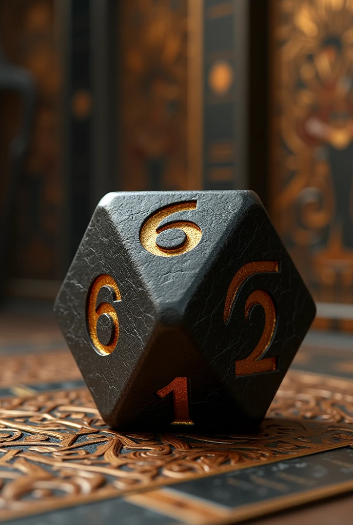 "A dice facing the numbers six and one with Egyptian back ground". In 4k for wallpaper in black and gold colour
