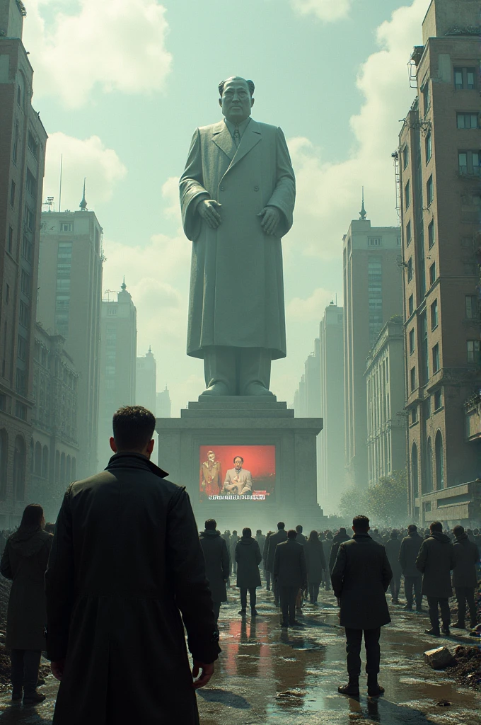 Recreate the scene from the cartoon version of the vignette**Viñeta 1:**
(A futuristic city in ruins. Great statues of the "Supreme Leader" rise throughout the city. A group of citizens is in line in front of a large panel where a live broadcast of the Leader appears.)
**Storyteller:** In the distant empire of Bolivarium, where the supreme leader has been in power for over a thousand years, the nation lives in... *"eternal prosperity".*
**Supreme Leader (On the screen):** Citizens of Bolivarium! Today I announce the opening of the eighth National Treasure Mega-Cave. It is a great achievement of our "shielded economy"!