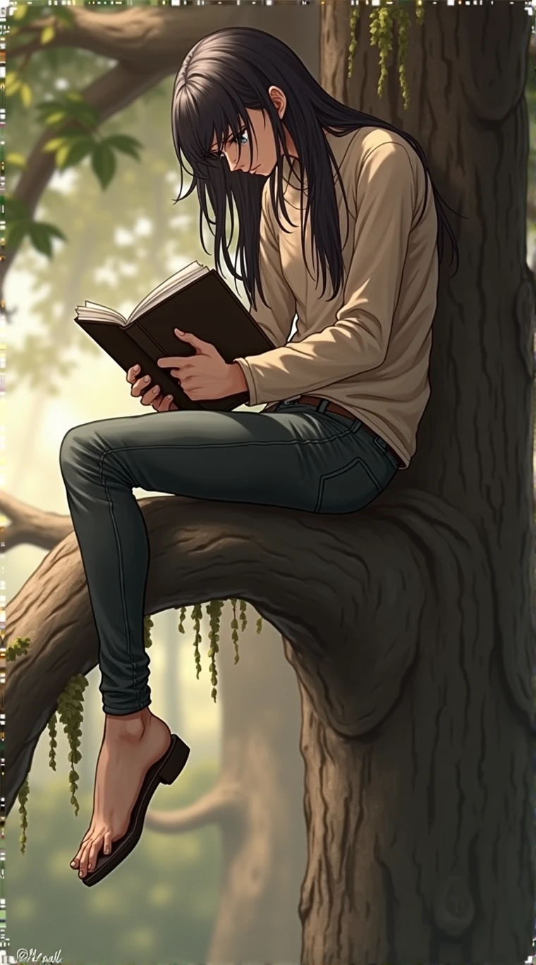 Guy long black hair, sitting on a tree, A notebook in his hands, very sad ,grey eyes, Beautiful skinny body,Beautiful face, anime art, masterpiece, realistically