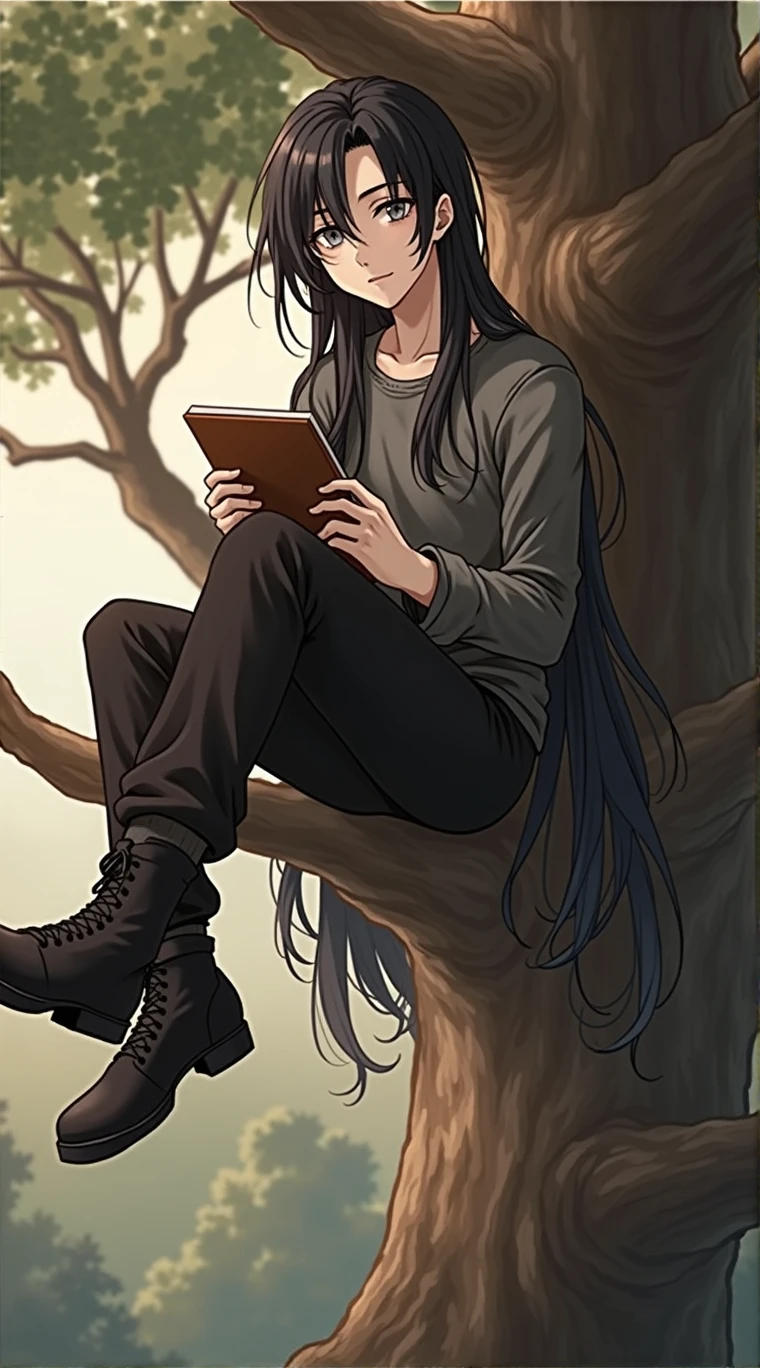 Guy long black hair, sitting on a tree, A notebook in his hands, very sad ,grey eyes, Beautiful skinny body,Beautiful face, anime art, masterpiece, realistically