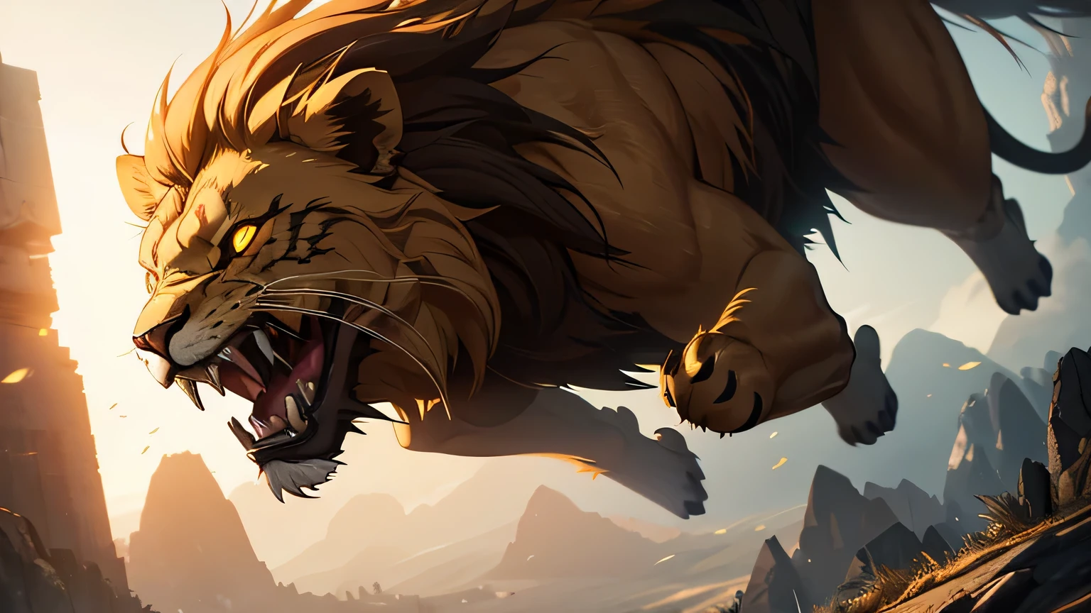 Moving scene LEAP IN THE AIR, lion, glowing yellow eyes, glowing eyes, sharp fangs, dim lighting, hyper realistic, cinematic lighting, intricate details, 8k, high quality, photorealistic, dramatic, powerful, majestic