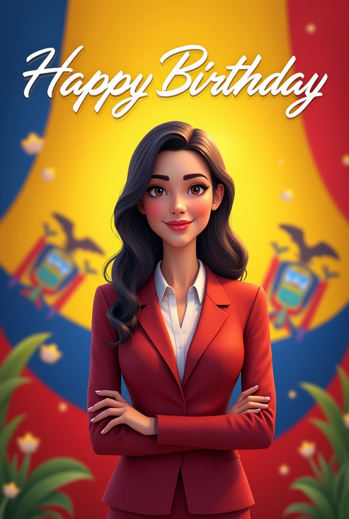 Create a birthday image to celebrate an Ecuadorian chancellor of approximately 30 years old. The design should include elements that represent Ecuador, like the national colors, the official flag and symbols . The image should show an animated avatar that reflects the approximate age, focusing on the role of the chancellor in an elegant way, while the phrase Happy Birthday appears. It is important to emphasize that it should not be a realistic human figure.