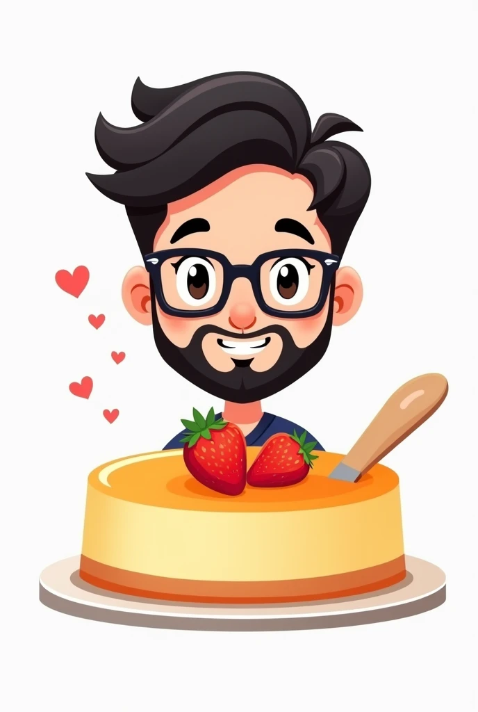 A chibi logo of a young adult guy with square glasses, black beard, a cheesecake or flan without strawberries.