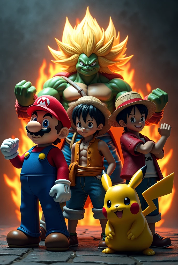 Super Mario, ein Super Sajajin, Raffael from the Ninja Turtles, monkey D.Ruffy, Pikachu in a group photo with a dark background, striking poses 