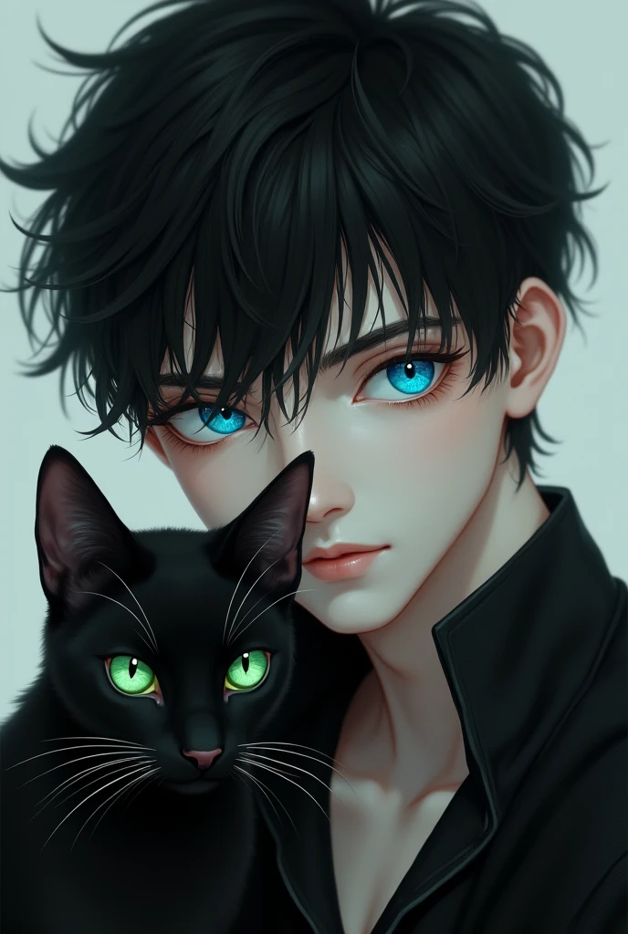 A black-haired teenage boy with one blue eye and one green eye with a black cat with one blue eye and one green eye