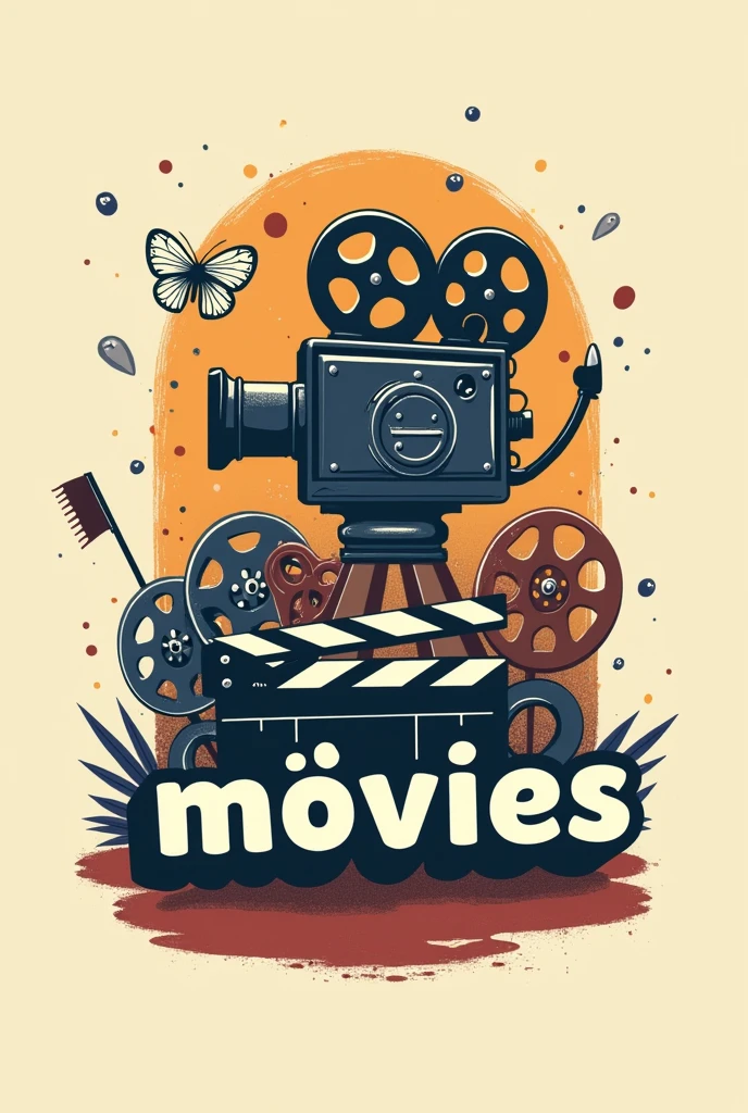 create logo-like images with the name "movies"  All in Portuguese . The image should contain things related to the theme, like a bucket of popcorn, Camera, solo de Camera, film reel, Old Movie Posters