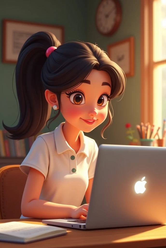 Disney girl wearing a white polo shirt, sitting with her computer( complete macbook) studying languages virtually