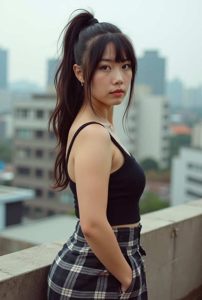 analog film photo, photo of a teenage punk, female, amber eyes, layered emo ponytail, tan complexion, Japanese ethnicity, tall stature, curvy, voluptuous hourglass figure, slightly chubby, busty bosom, full wide hips, plump round buttocks, wearing a rib-knit cami top and a plaid miniskirt, posing on a Tokyo rooftop, RAW Photograph, dslr, soft lighting, high quality, film grain, Fujifilm XT3, detailed skin with visible pores, insane details, masterpiece, 8k, 35mm photograph, dslr, kodachrome, faded film, desaturated, grainy, vintage, Lomography, stained, highly detailed, found footage, close-up shot