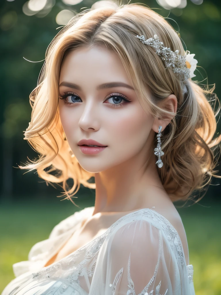 (masterpiece:1.2), (Highest quality:1.2), Perfect Eyes,Shining, mysterious eyes that store light, Perfect Face, Soft and attractive lips. Perfect lighting, One person, Mature woman in a field, Soft skin texture, Medium blonde hair, Curly Hair, Detailed clothing, Detailed outdoor background, compensate, eye shadow, Thick eyelashes, Fantasy, Looking at the audience, spring , 8k Raw Photo, 