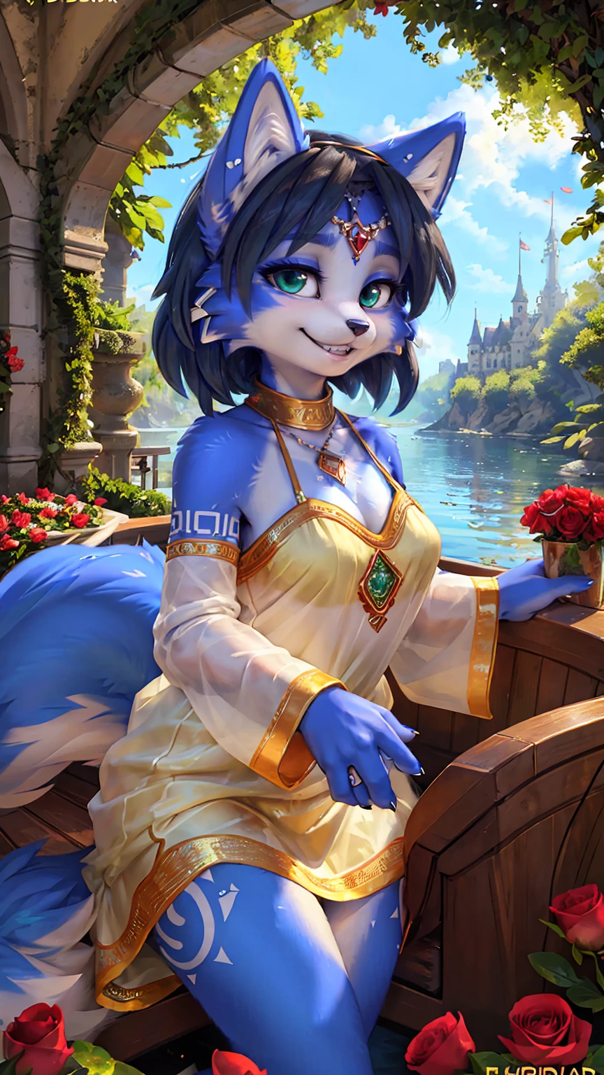 A beautiful and detailed (sweet picture) wa ((krystal)), Star Fox Krystal, sslim, lovable, green eyes, medium breasts, (((Long blue hair 1.3))), ((Tips for black hair)), Decollete, grin, look up,, anthro, furry, Uploaded E621, detailed fluffy fur, (wa Fluff-Kevlar, Bayard Wu, personalize me, Pino Daeni), detailed face, (fluffy), 1 girl, alone, sweet girl, alone,
View of the beautiful surroundings, detailed background, Happy, Leaf dress, sfw, Kirschblütenbaum, floating in a boat, four fingers, detailed hands, Rose petals, See, white castle