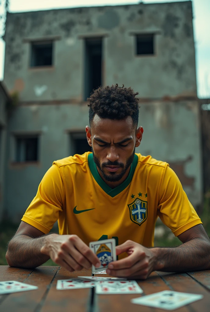 Neymar playing truco against a 2-story windowless building