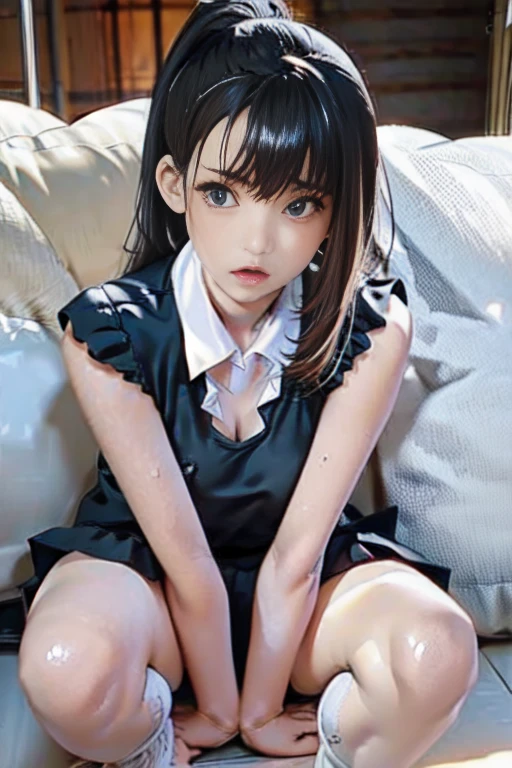 (Highest quality)), ((masterpiece)), (detailed), Natural light，Perfect Anatomy，(((A Cute High  Girl，Wearing a white open collar shirt and black skirt 1.8))),Very sexy，A young woman with a baby f breasts，とてもSmall breasts，Woman squatting with knees raised，Spread your legs，
Beautiful woman，8-head body line，Small face，Beautiful Face，big, well-groomed eyes，Beautiful blue eyes，Beautiful double eyelids，Beautiful teeth alignment，Beautiful body lines，Slender body，Beautiful Hands，Beautiful legs，Long hands，Thin legs，Long legs，Long and supple hair，Shiny Hair，Beautiful blonde hair，Ponytail hair,Full Body Shot，Embarrassed expression，blush，Crying face，mouth half open，Beautiful shoulders，（Sweat），((Steam 1.4))，Embarrassed expression，blush，humiliation，((White open collar shirt 1.3))，High school uniform open collar shirt 1.8，Beautiful clavicle，Not wearing a bra，(((Valley 1.7)))，mini skirt，White socks，Black Loafers，Red ribbon around neck，In front of the school gate,