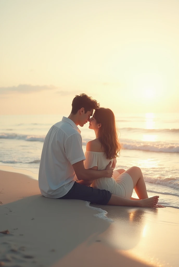 Photo of a male and female couple sitting affectionately on the edge of the beach