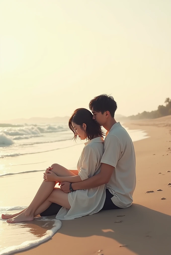 Photo of a male and female couple sitting affectionately on the edge of the beach 