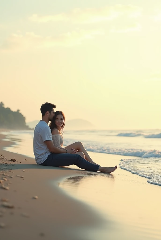 Photo of a male and female couple sitting affectionately on the edge of the beach 