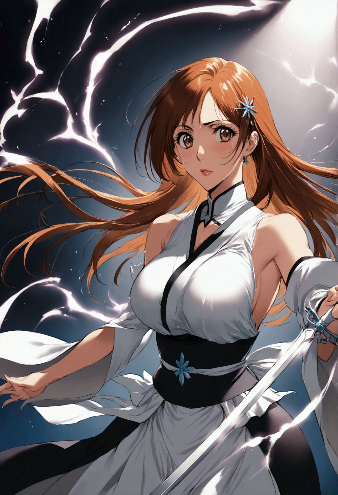 1 girl, women'approach, Orihime Inoue, bleach, very aesthetic,illustration,perfect composition,wet skin,intricate details