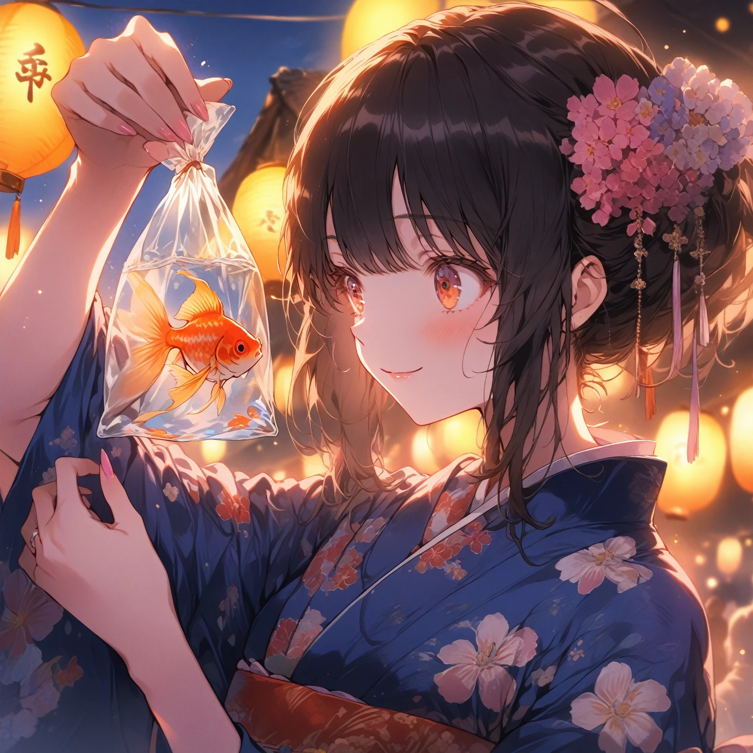 score_9_up, score_9, score_8_up, score_7_up, source_anime,masterpiece, best quality, high resolution, extremely detailed CG, absurdres, highres,On the evening of the summer festival, 1girl, solo, a girl in a yukata holds a goldfish in a small transparent plastic bag. The girl lifts the bag in front of her eyes and looks at the goldfish with a gentle smile, good_hands, Long eyelashes, detailed beautiful eyes, looking away, (from_side:0.6)