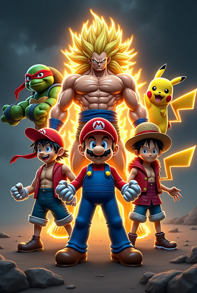 Super Mario, ein Super Sajajin, Raffael from the Ninja Turtles, monkey D.Ruffy, Pikachu in a group photo with a dark background, striking poses